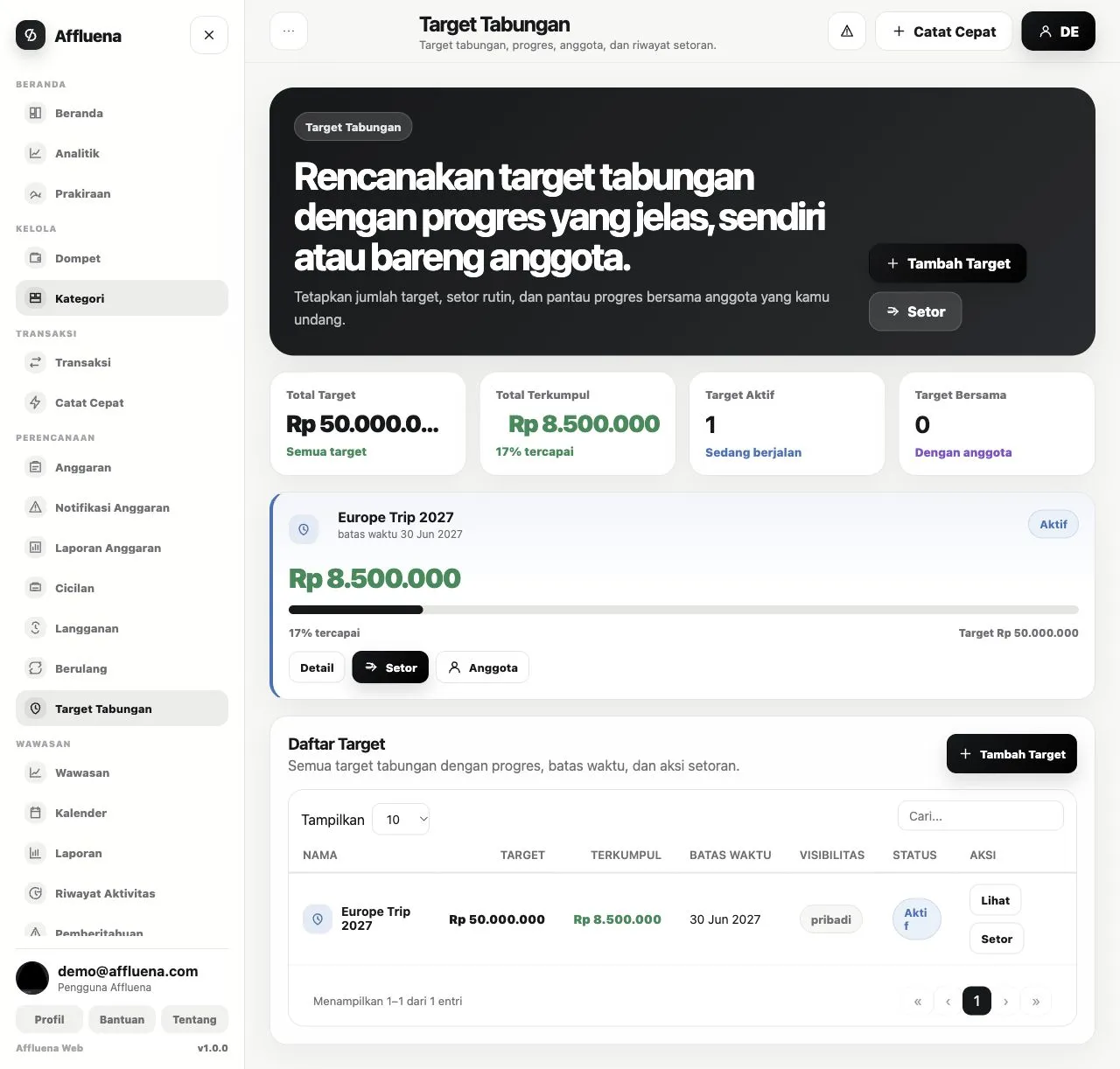 Affluena web savings goal overview