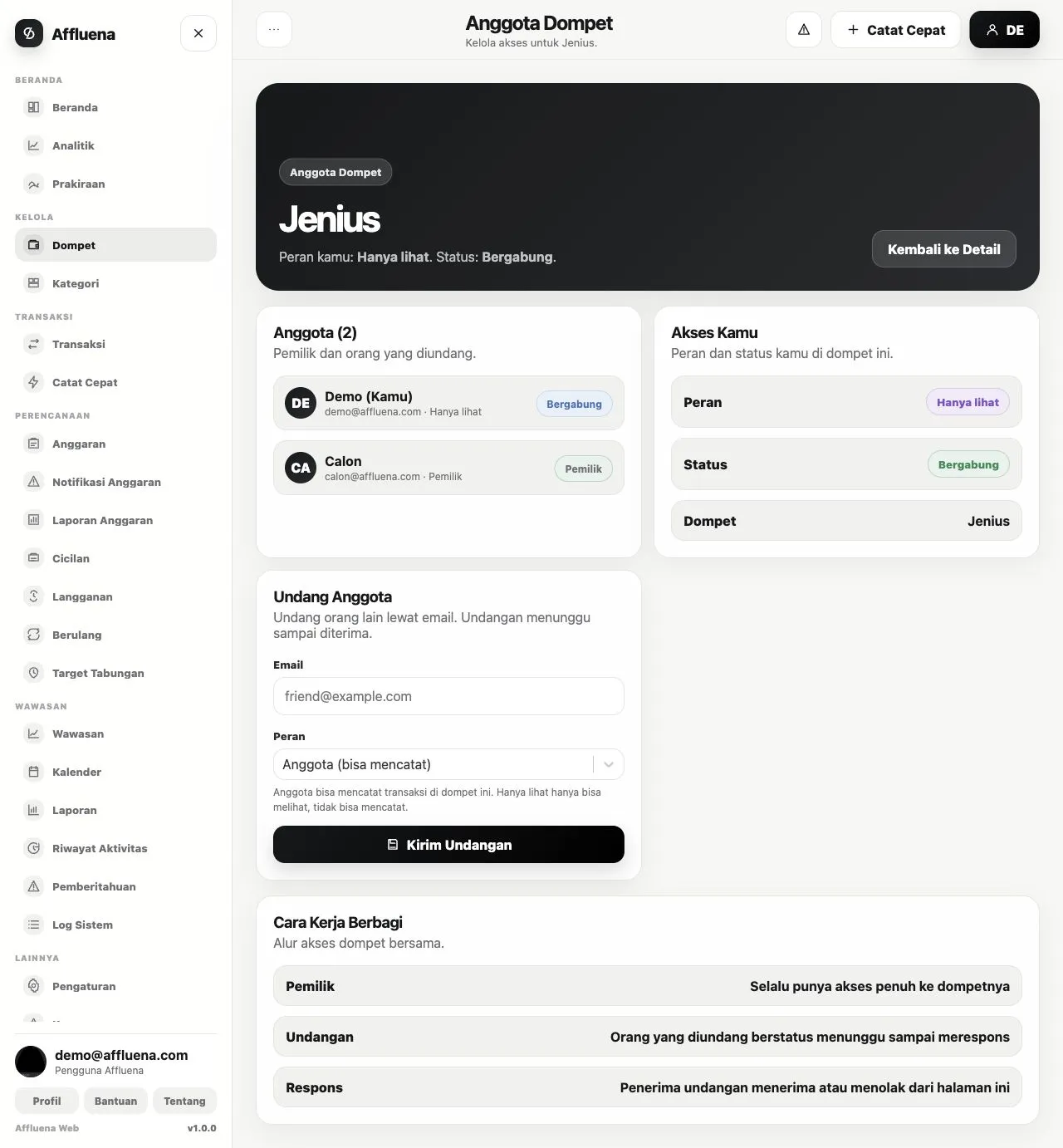 Affluena shared wallet and member access interface