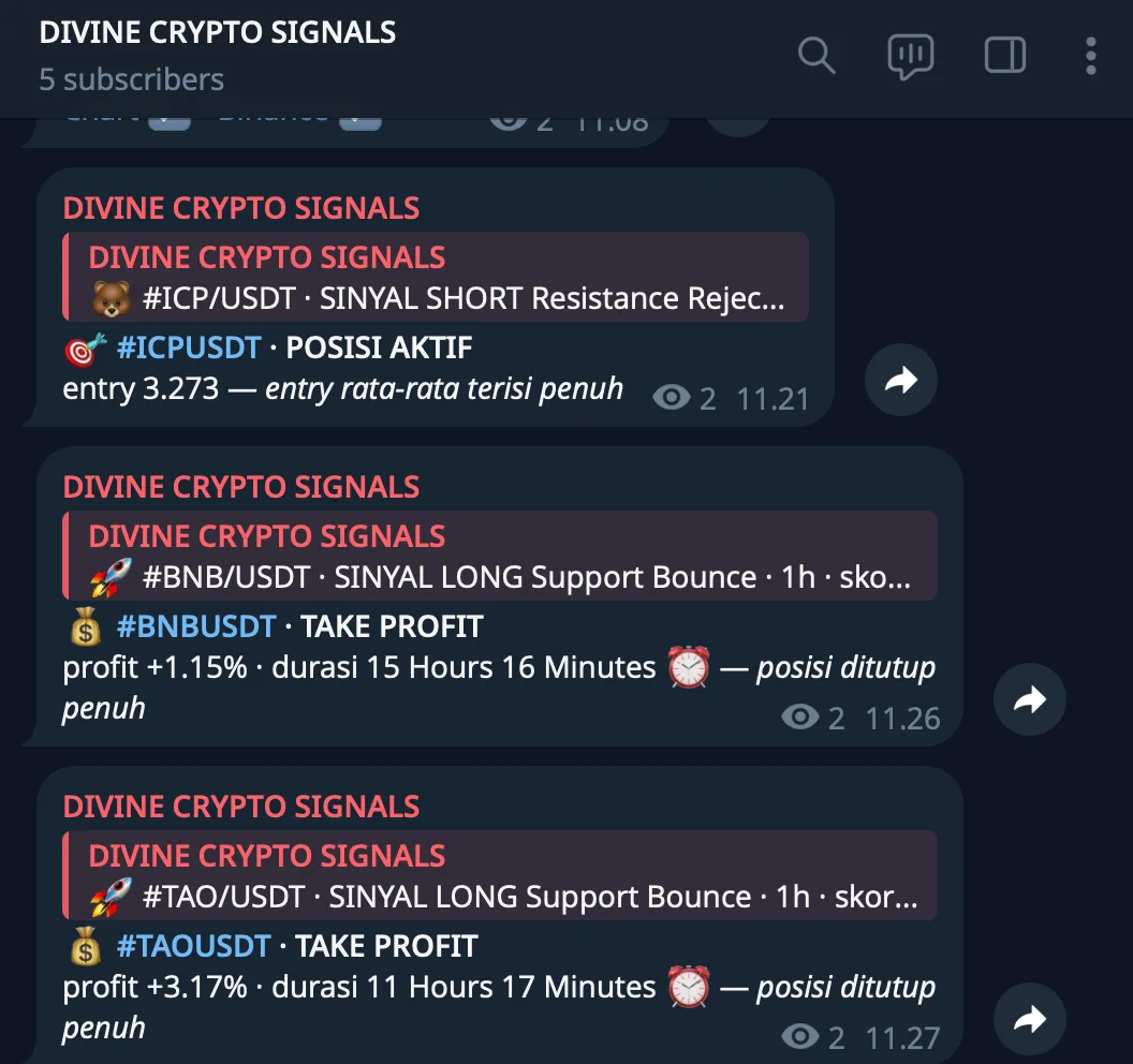 Telegram updates showing an active entry and target events