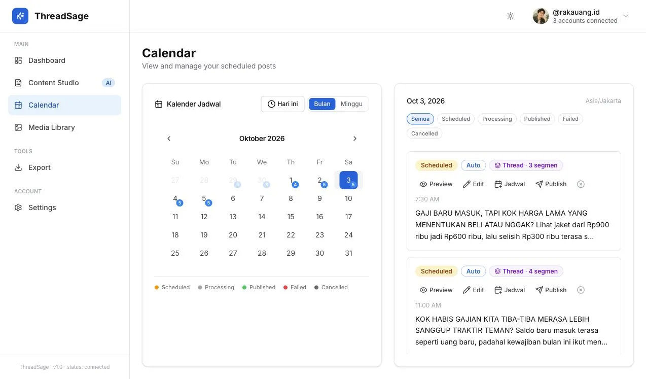 ThreadSage calendar displaying scheduled content