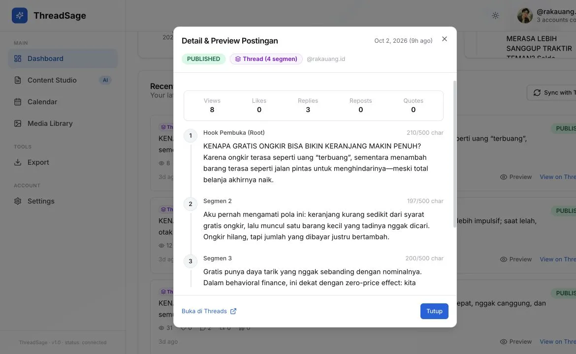 Published thread shown in ThreadSage