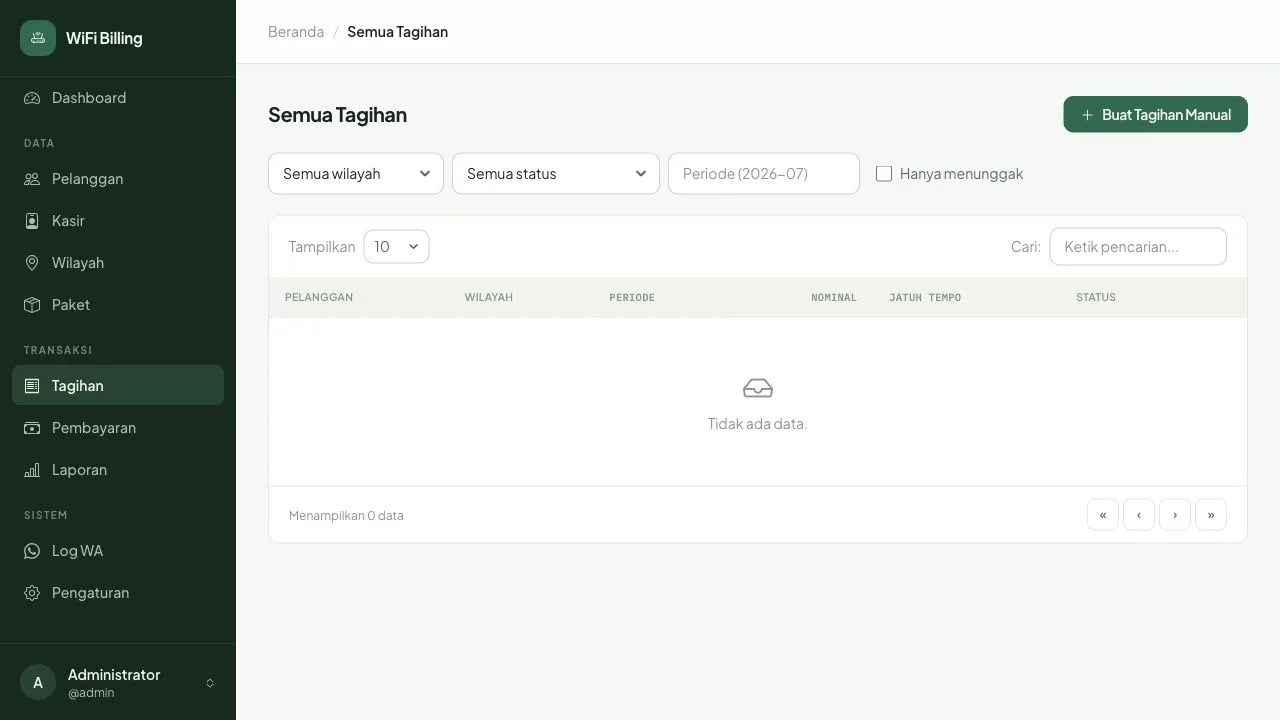 WiFi Billing invoice management interface